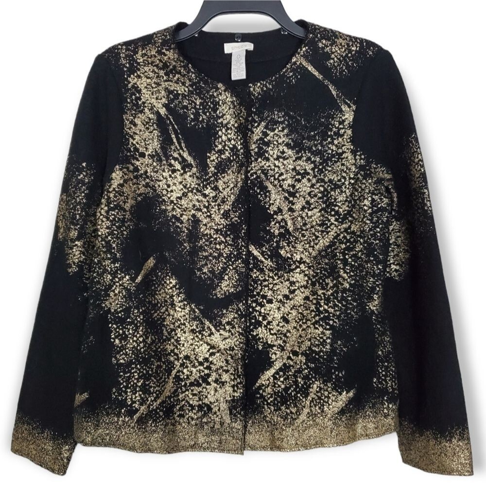 Chico's Black & Gold 100% Wool Snap Button Cardigan Size 0 (Small)